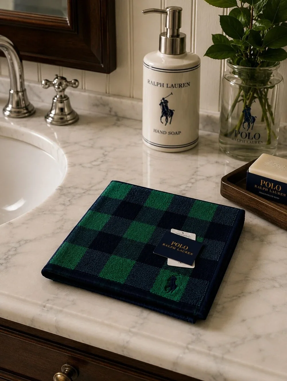 Polo Ralph Lauren Buffalo Check Hand Towel NWT Made in Japan Green Navy